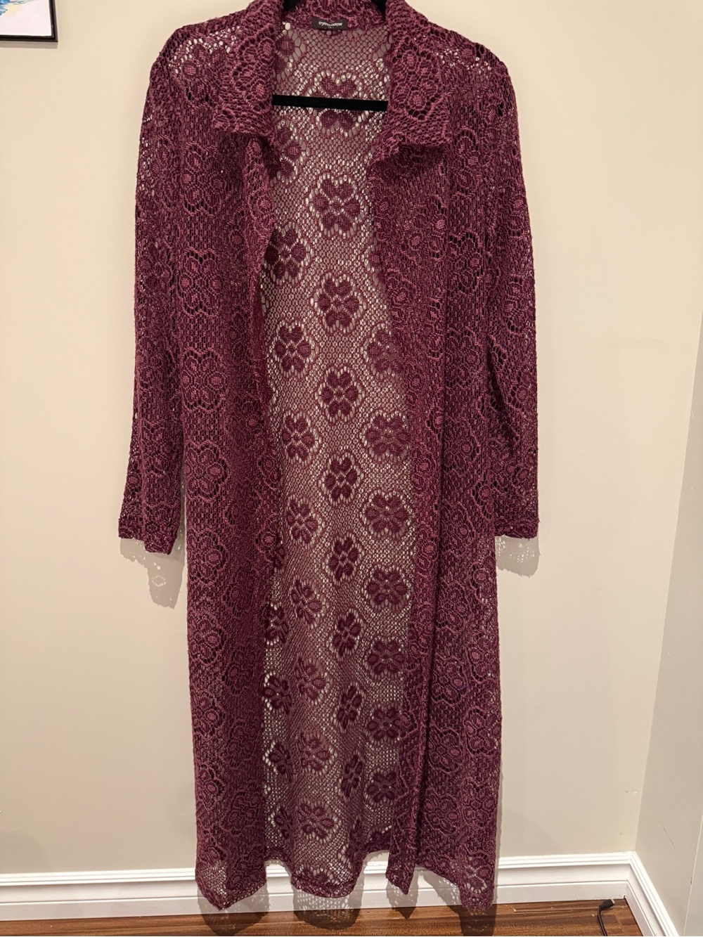 Eyeshadow Burgundy Crochet Duster Cardigan Large Floral Lace Long Open Front